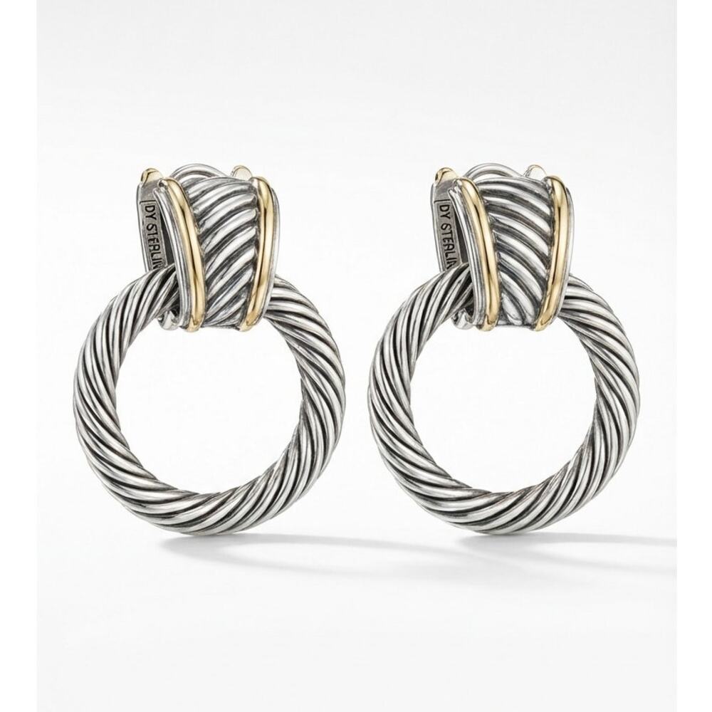 David Yurman Sterling Silver Cable Hoop Drop Earrings – 1.5in